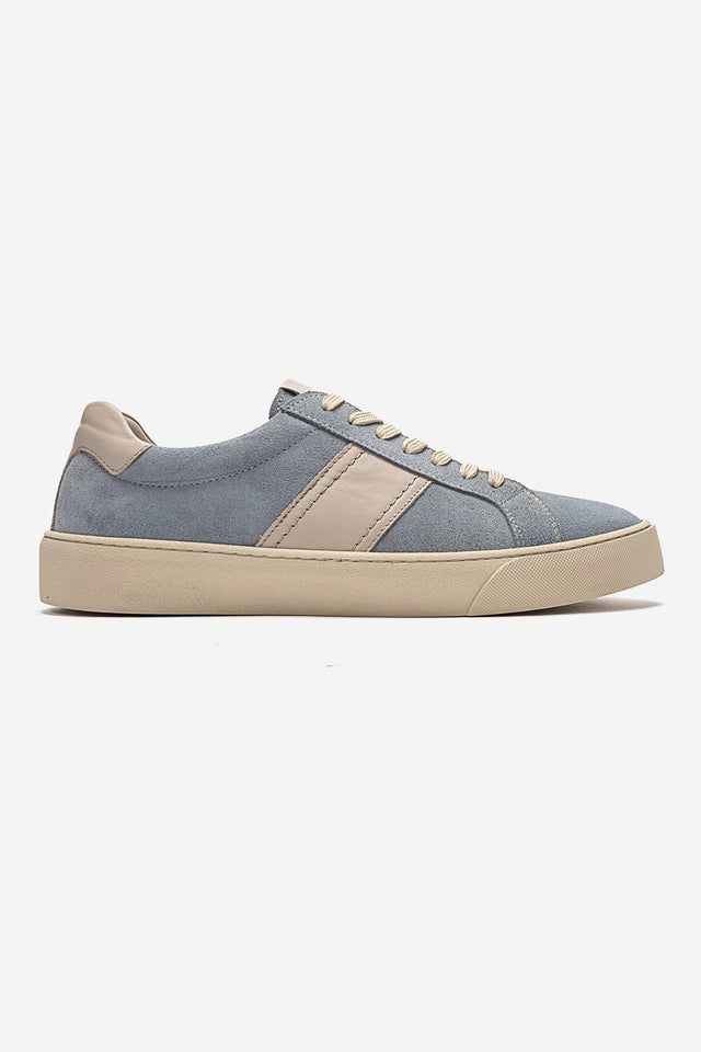Erkek Hakiki Deri Mavi Süet Bağcıklı Kauçuk Tabanlı Sneaker Ayakkabı Martino