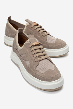 Erkek Hakiki Deri Kum Süet File Detaylı Kalın Tabanlı Sneaker Nicola