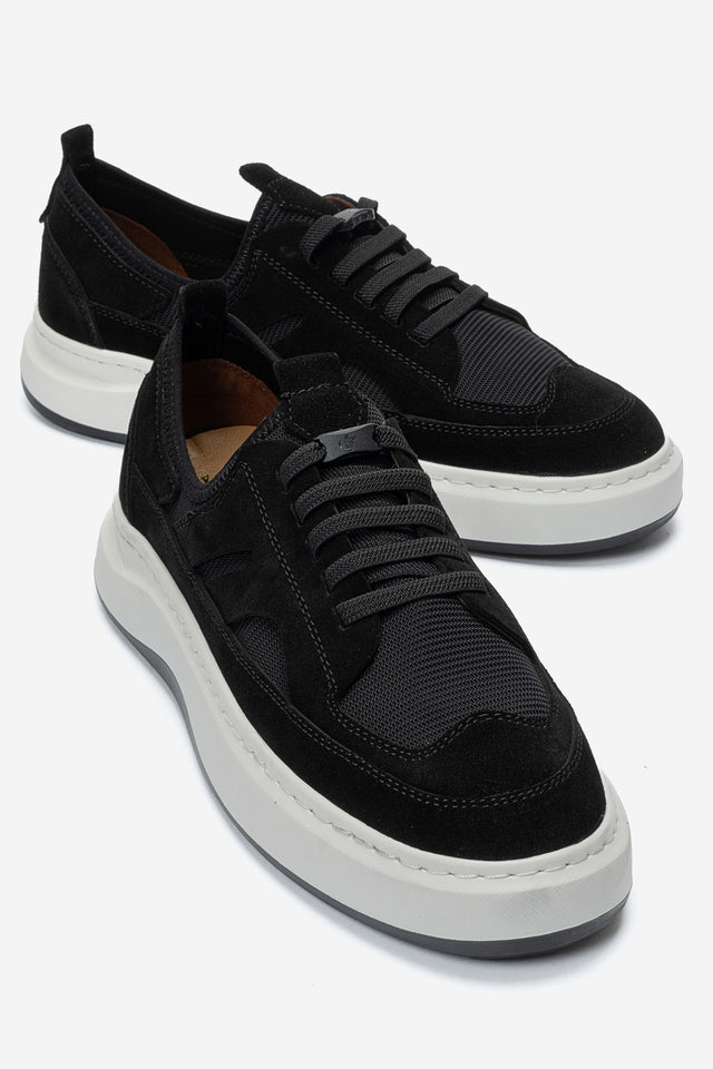 Erkek Hakiki Deri Siyah Süet File Detaylı Kalın Tabanlı Sneaker Nicola