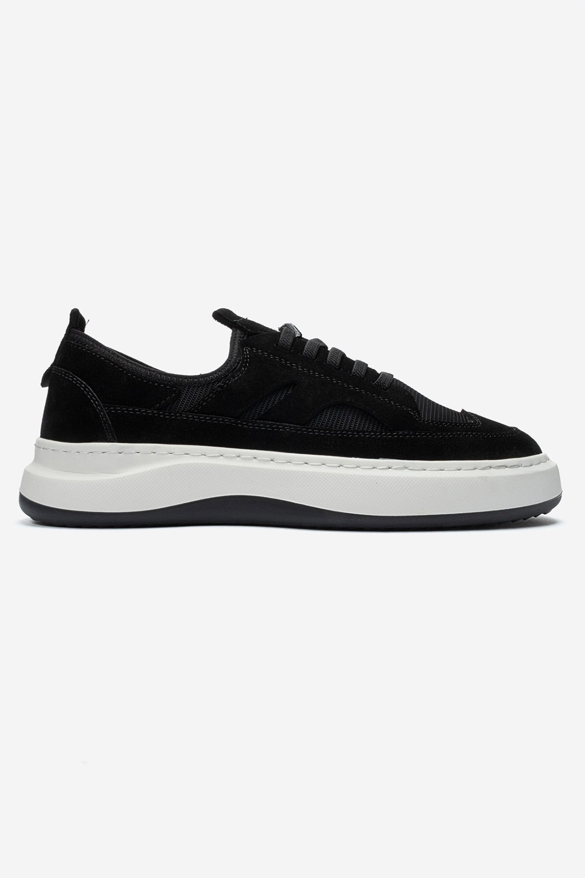 Erkek Hakiki Deri Siyah Süet File Detaylı Kalın Tabanlı Sneaker Nicola