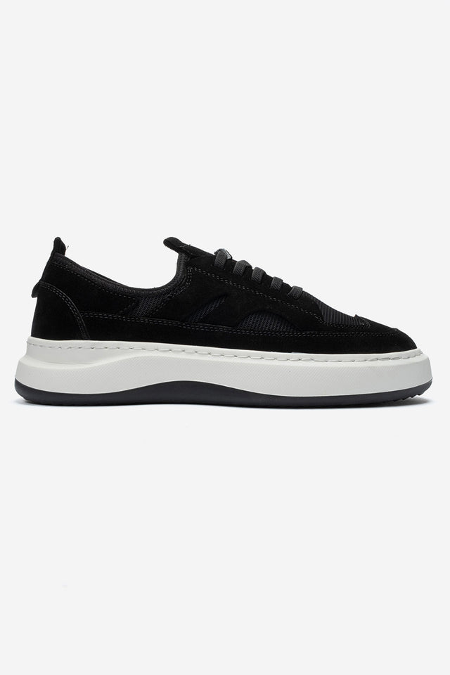 Erkek Hakiki Deri Siyah Süet File Detaylı Kalın Tabanlı Sneaker Nicola