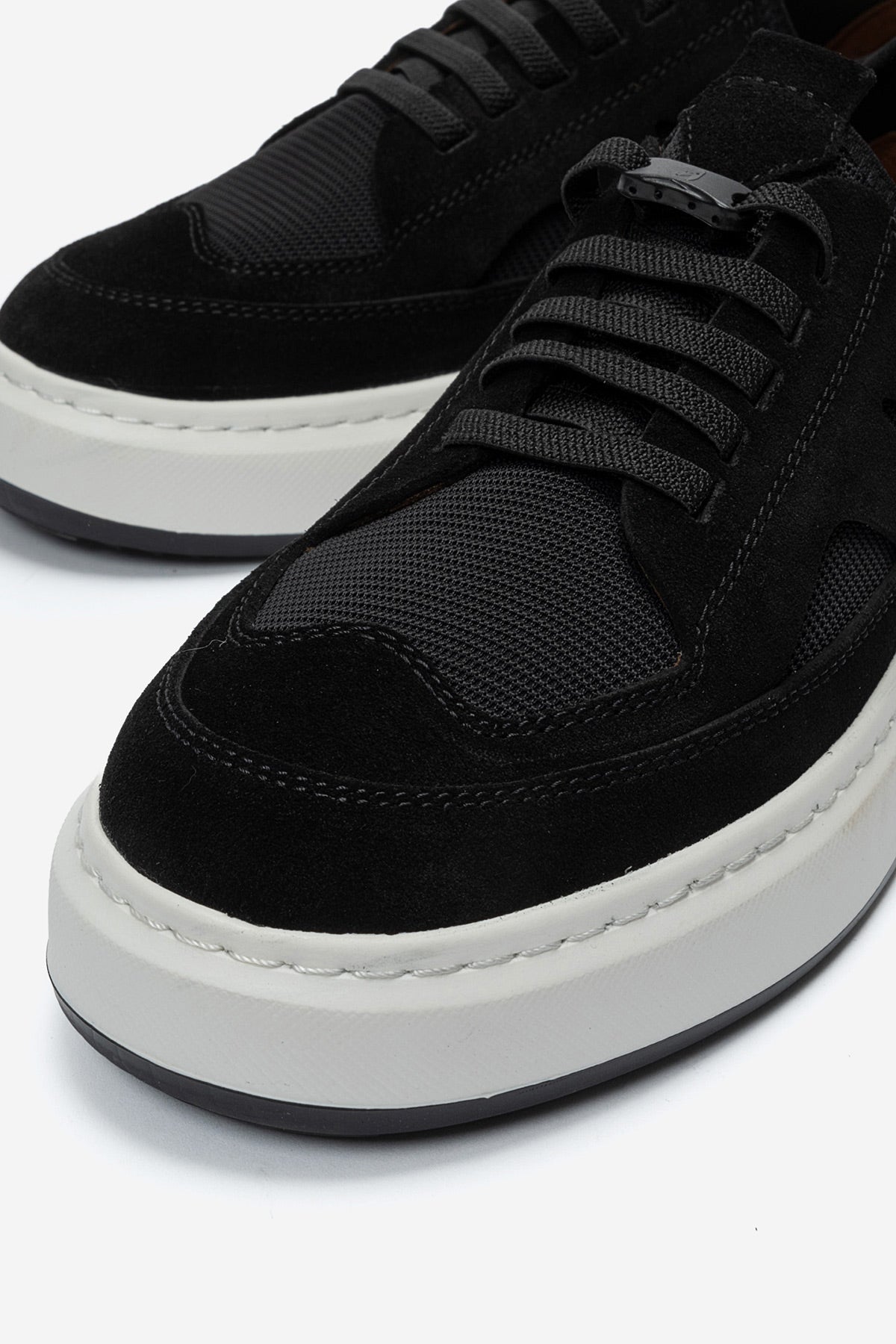 Erkek Hakiki Deri Siyah Süet File Detaylı Kalın Tabanlı Sneaker Nicola