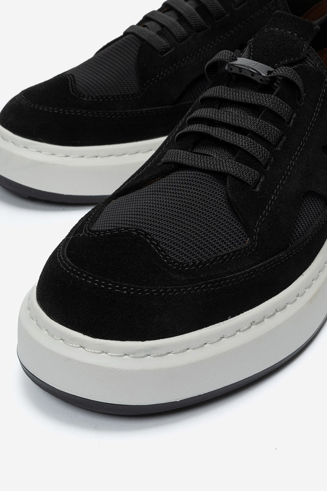 Erkek Hakiki Deri Siyah Süet File Detaylı Kalın Tabanlı Sneaker Nicola