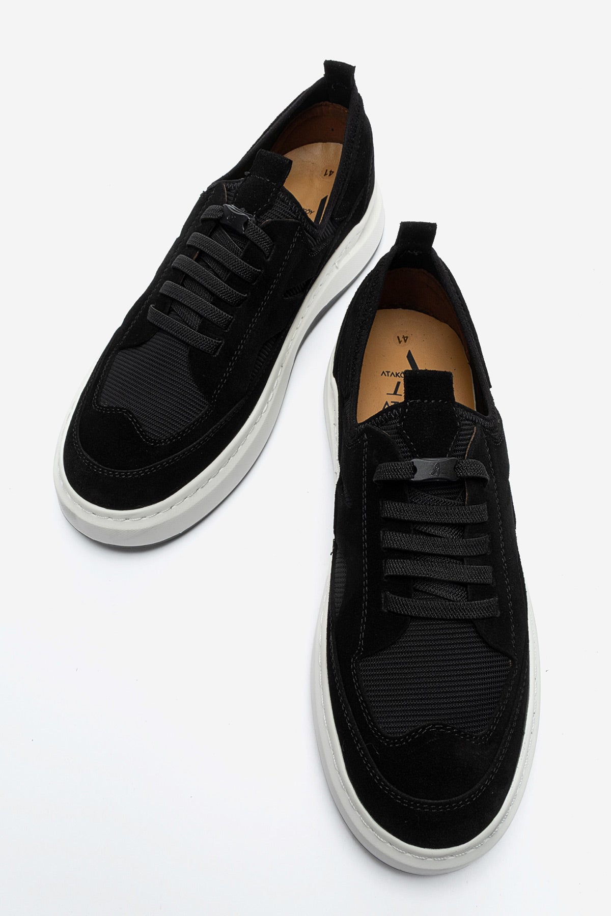 Erkek Hakiki Deri Siyah Süet File Detaylı Kalın Tabanlı Sneaker Nicola