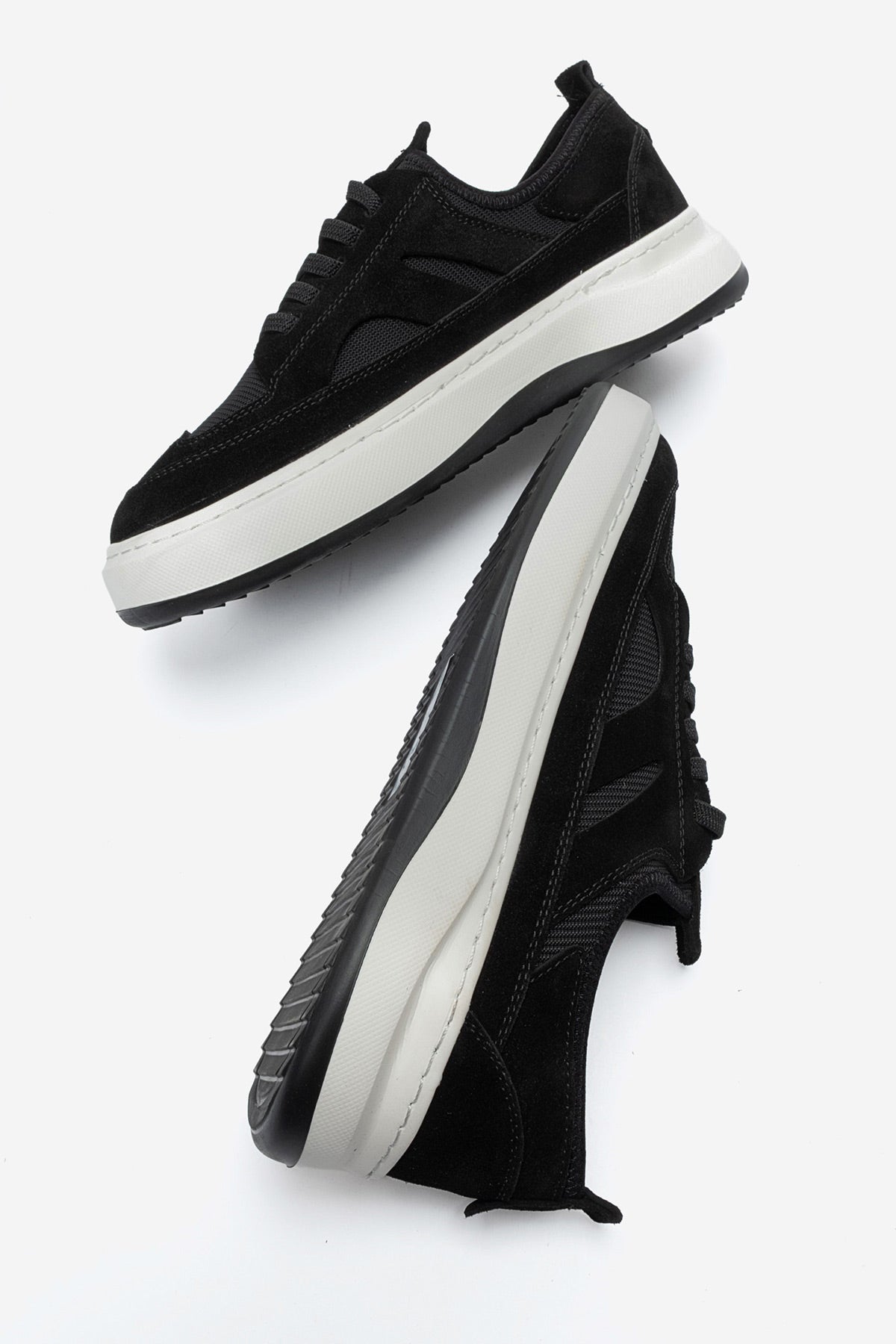 Erkek Hakiki Deri Siyah Süet File Detaylı Kalın Tabanlı Sneaker Nicola