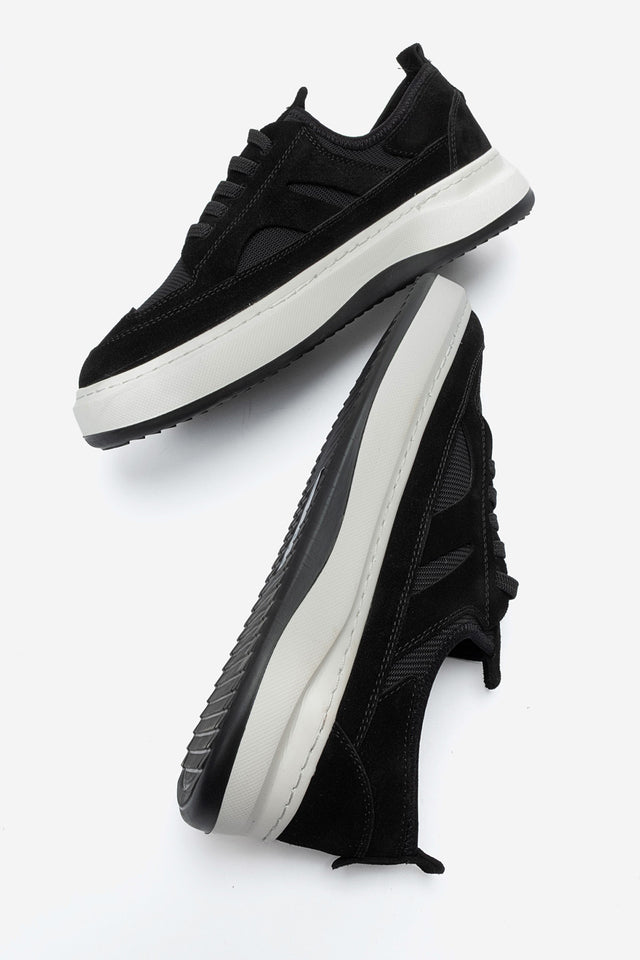 Erkek Hakiki Deri Siyah Süet File Detaylı Kalın Tabanlı Sneaker Nicola
