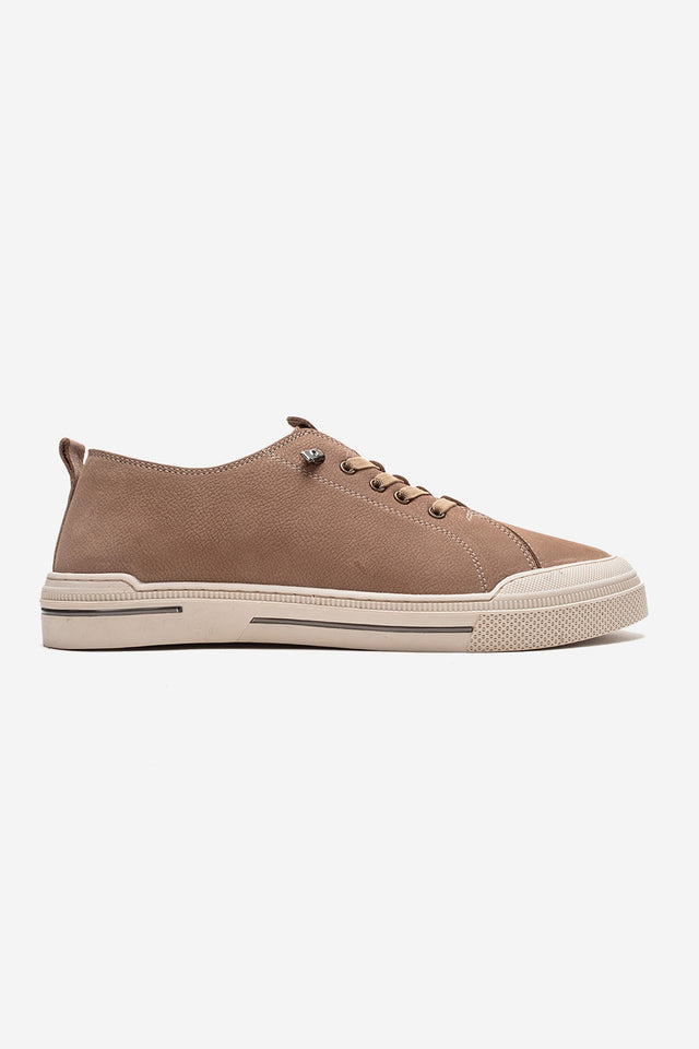 Erkek Hakiki Deri Bej Nubuk Bağcıklı Kauçuk Tabanlı Sneaker Octavio