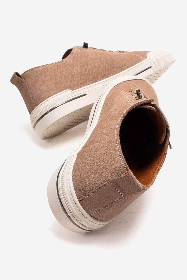 Erkek Hakiki Deri Bej Nubuk Bağcıklı Kauçuk Tabanlı Sneaker Octavio
