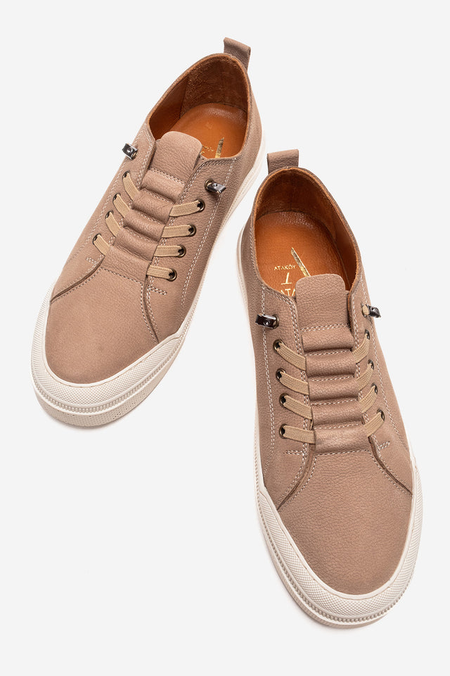 Erkek Hakiki Deri Bej Nubuk Bağcıklı Kauçuk Tabanlı Sneaker Octavio