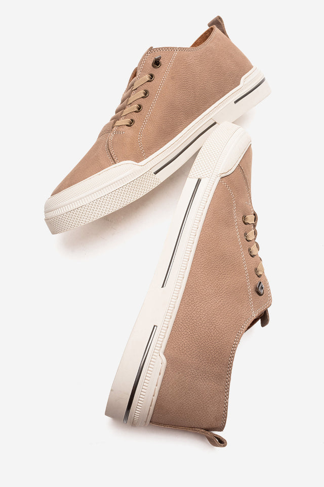 Erkek Hakiki Deri Bej Nubuk Bağcıklı Kauçuk Tabanlı Sneaker Octavio