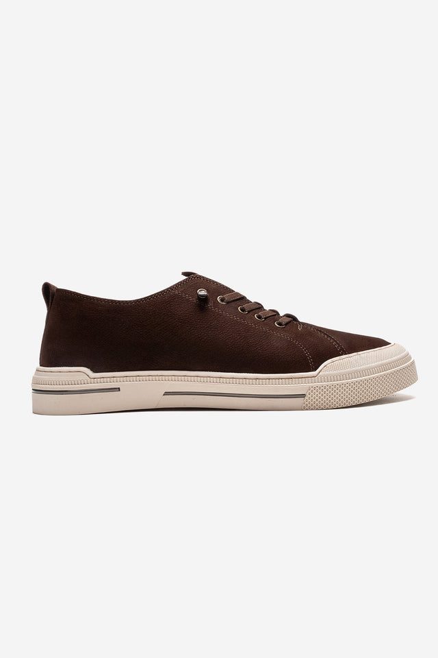 Erkek Hakiki Deri Kahve Nubuk Bağcıklı Kauçuk Tabanlı Sneaker Octavio