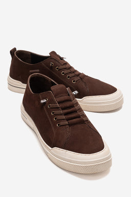 Erkek Hakiki Deri Kahve Nubuk Bağcıklı Kauçuk Tabanlı Sneaker Octavio
