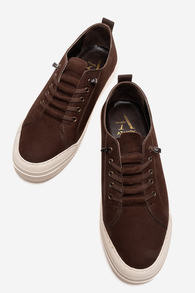 Erkek Hakiki Deri Kahve Nubuk Bağcıklı Kauçuk Tabanlı Sneaker Octavio