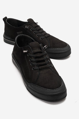 Erkek Hakiki Deri Siyah Nubuk Bağcıklı Kauçuk Tabanlı Sneaker Octavio