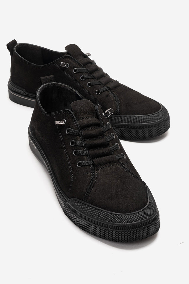 Erkek Hakiki Deri Siyah Nubuk Bağcıklı Kauçuk Tabanlı Sneaker Octavio