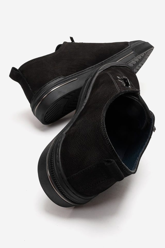 Erkek Hakiki Deri Siyah Nubuk Bağcıklı Kauçuk Tabanlı Sneaker Octavio