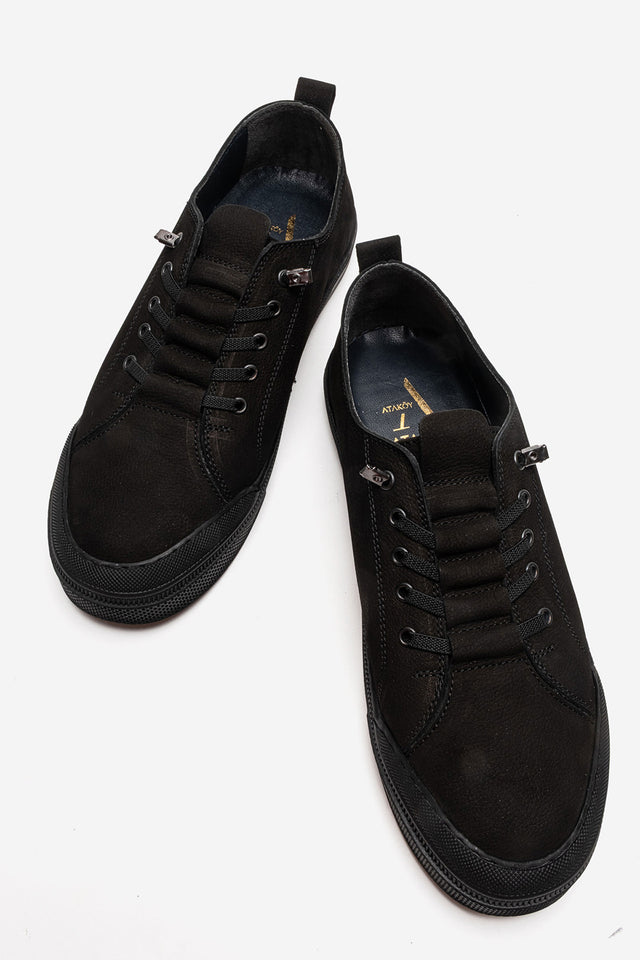 Erkek Hakiki Deri Siyah Nubuk Bağcıklı Kauçuk Tabanlı Sneaker Octavio