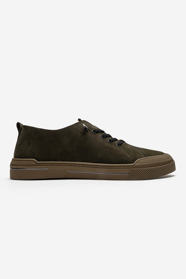 Erkek Hakiki Deri Yeşil Nubuk Bağcıklı Kauçuk Tabanlı Sneaker Octavio