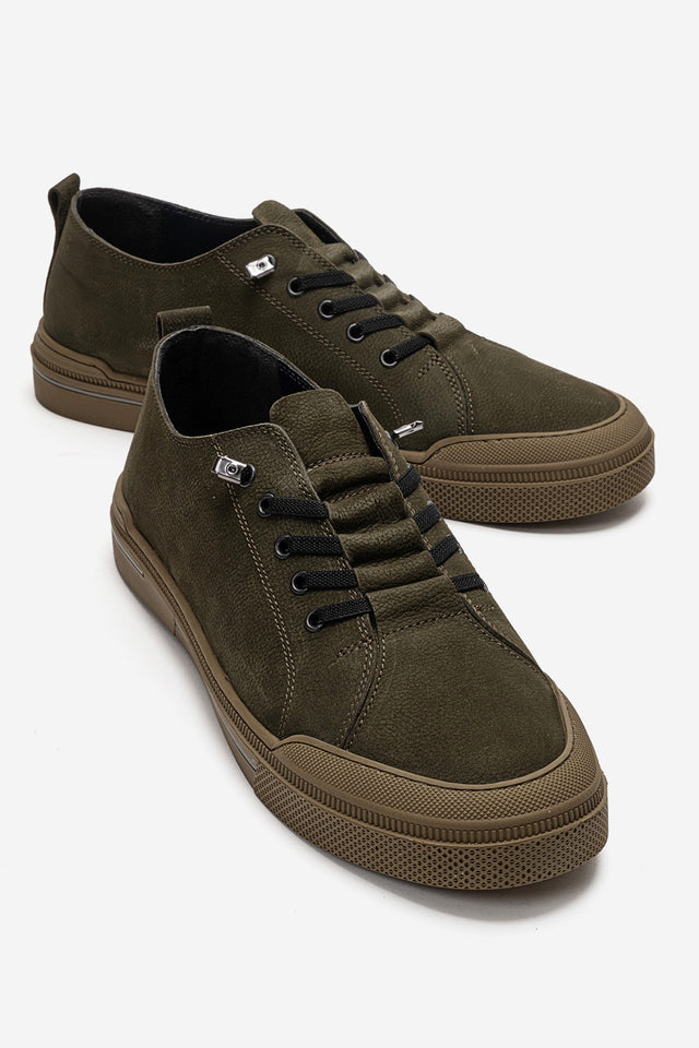 Erkek Hakiki Deri Yeşil Nubuk Bağcıklı Kauçuk Tabanlı Sneaker Octavio