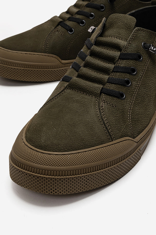 Erkek Hakiki Deri Yeşil Nubuk Bağcıklı Kauçuk Tabanlı Sneaker Octavio
