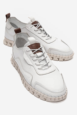Erkek Hakiki Deri Beyaz Bağcıklı Kalın Tabanlı Sneaker Ayakkabı Olivio