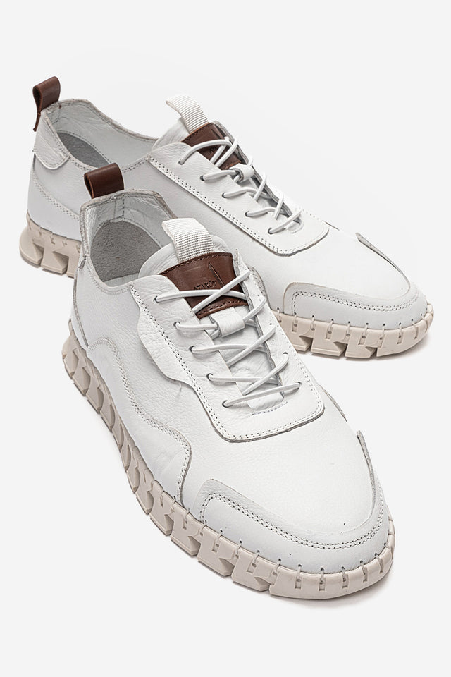 Erkek Hakiki Deri Beyaz Bağcıklı Kalın Tabanlı Sneaker Ayakkabı Olivio