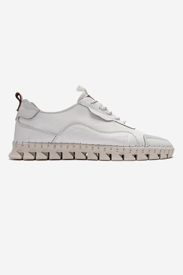 Erkek Hakiki Deri Beyaz Bağcıklı Kalın Tabanlı Sneaker Ayakkabı Olivio