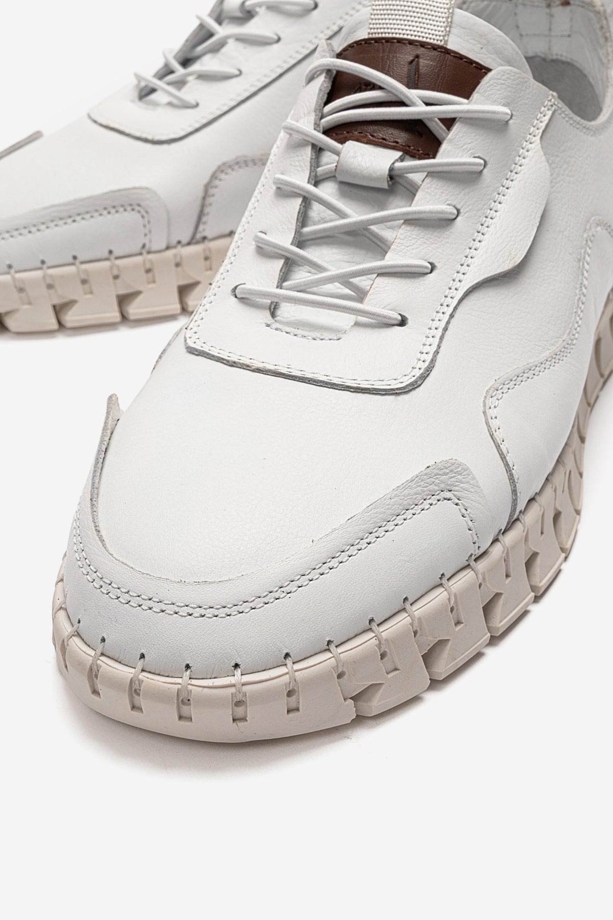 Erkek Hakiki Deri Beyaz Bağcıklı Kalın Tabanlı Sneaker Ayakkabı Olivio