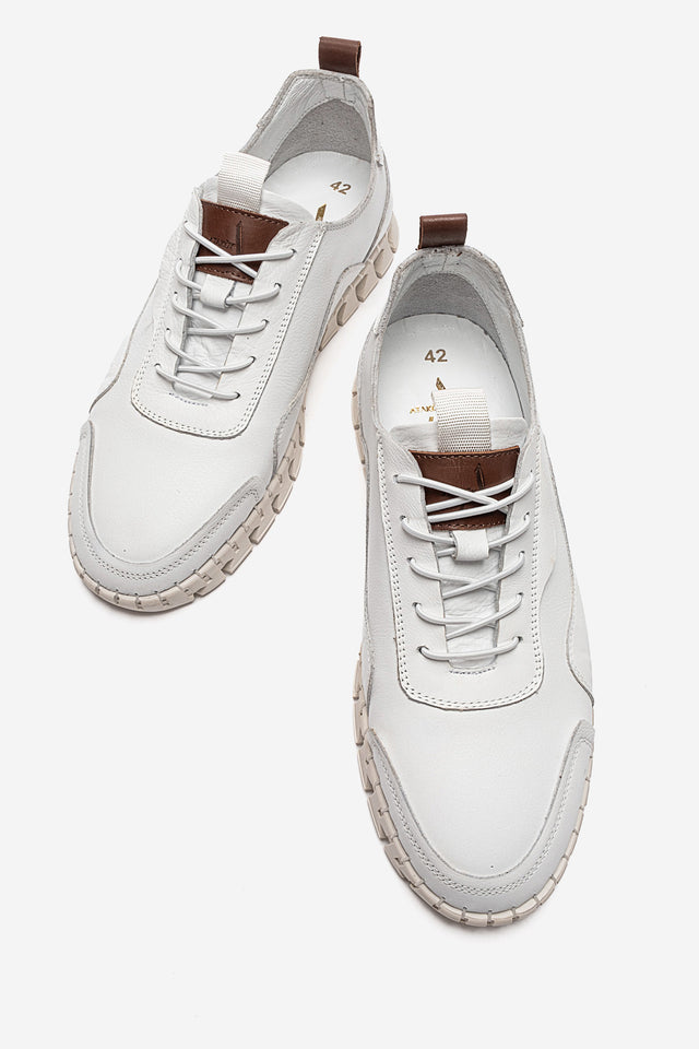 Erkek Hakiki Deri Beyaz Bağcıklı Kalın Tabanlı Sneaker Ayakkabı Olivio