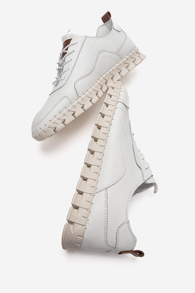 Erkek Hakiki Deri Beyaz Bağcıklı Kalın Tabanlı Sneaker Ayakkabı Olivio