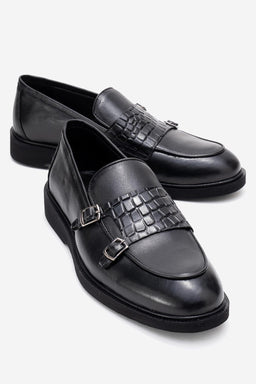 Erkek Hakiki Deri Siyah Çift Tokalı Kauçuk Tabanlı Loafer Ottavio