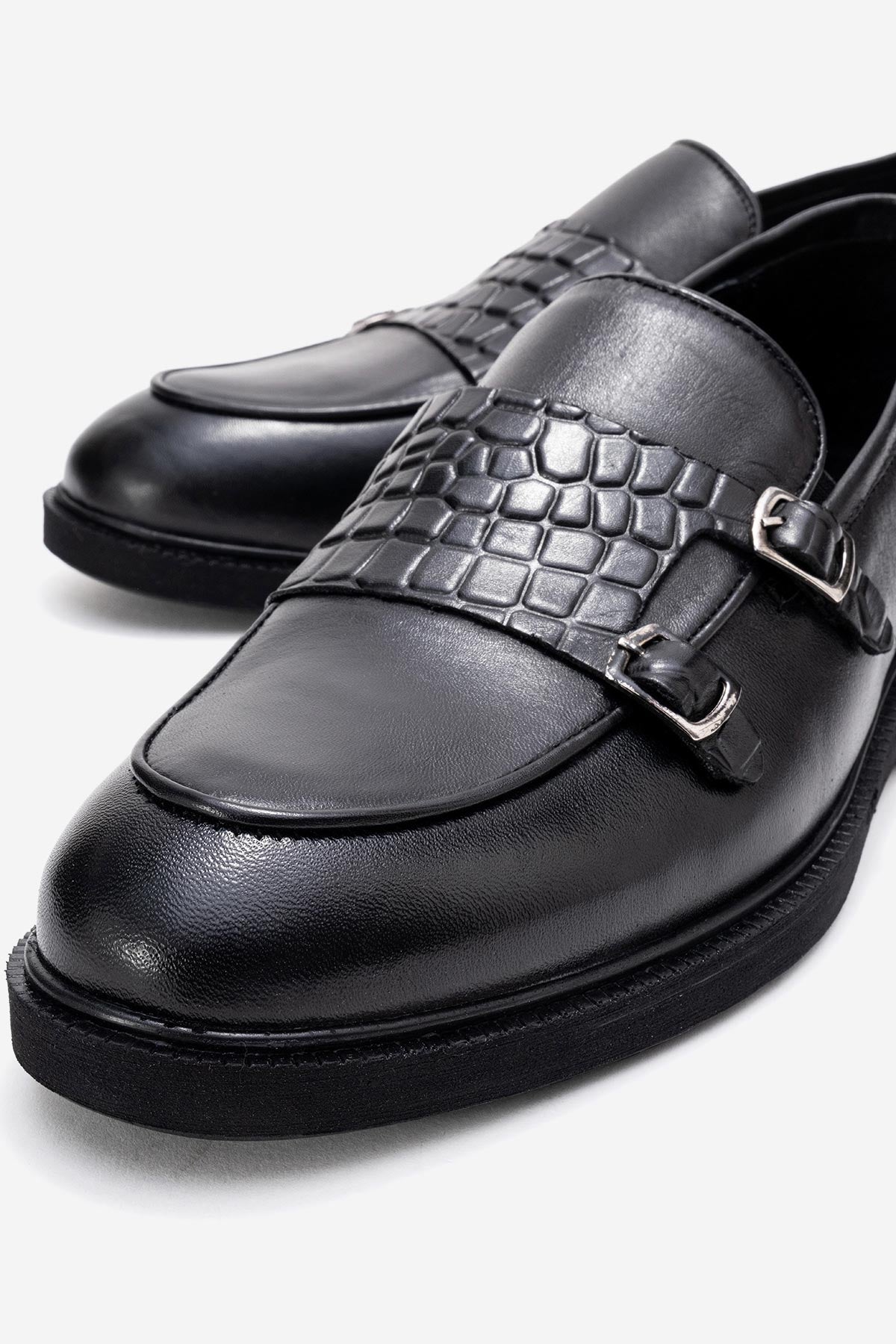 Erkek Hakiki Deri Siyah Çift Tokalı Kauçuk Tabanlı Loafer Ottavio