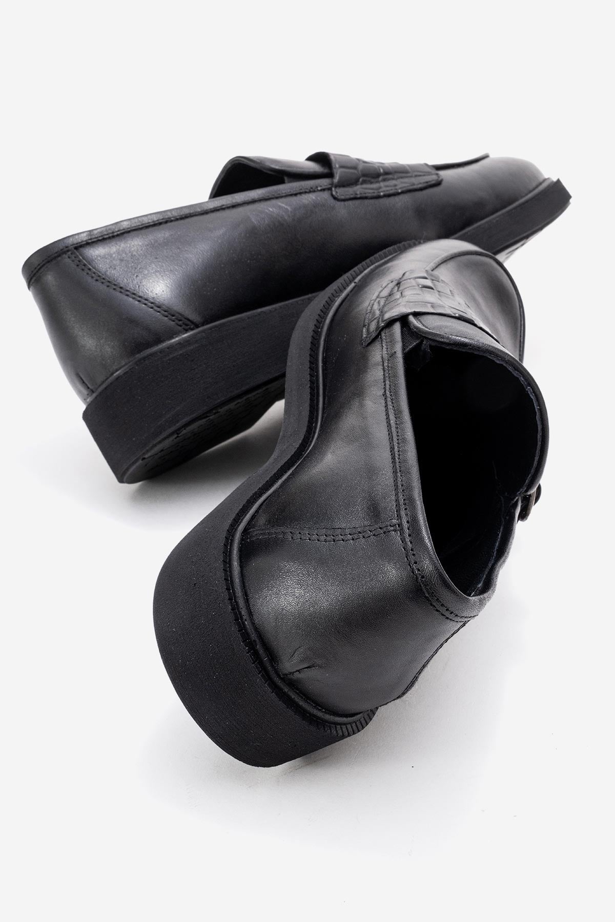 Erkek Hakiki Deri Siyah Çift Tokalı Kauçuk Tabanlı Loafer Ottavio