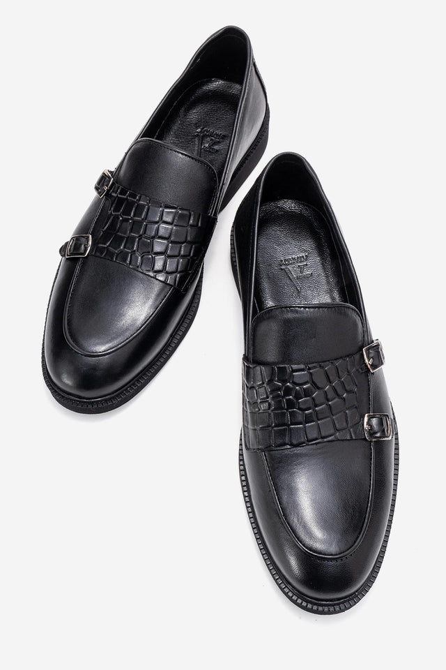 Erkek Hakiki Deri Siyah Çift Tokalı Kauçuk Tabanlı Loafer Ottavio
