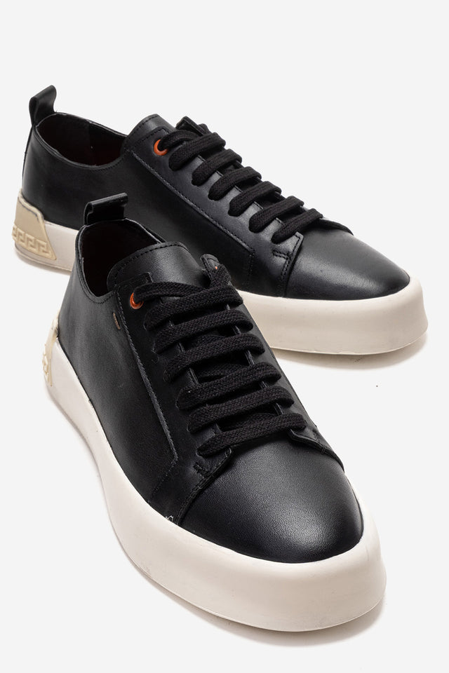 Erkek Hakiki Deri Siyah Bağcıklı Kalın Tabanlı Sneaker Pancho