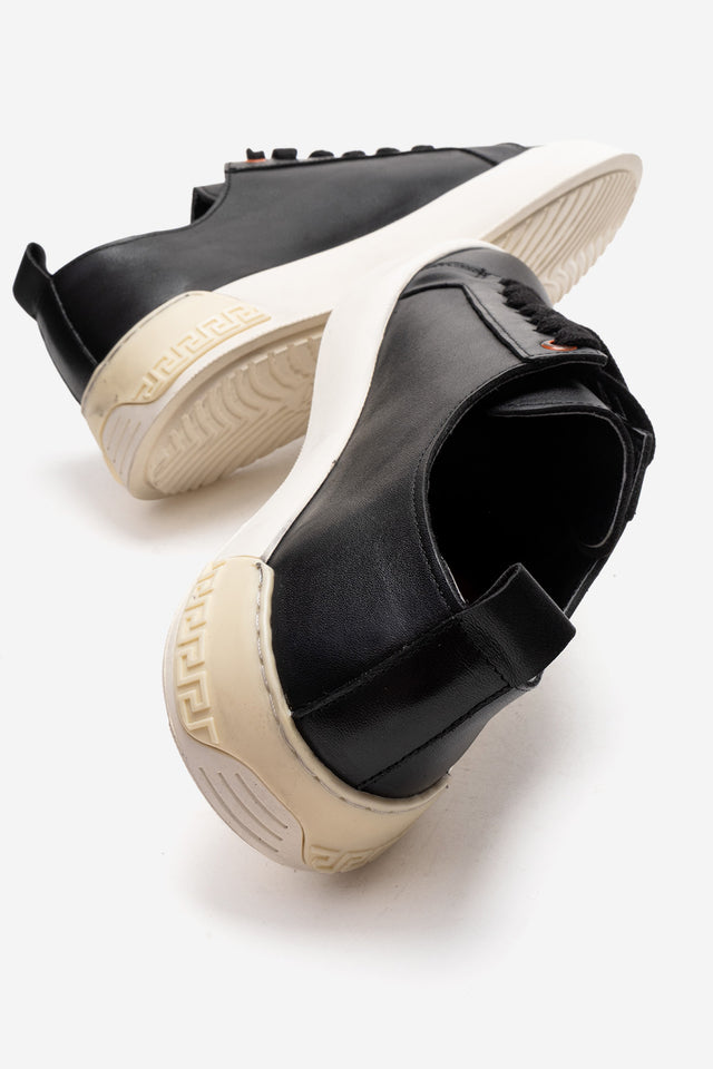 Erkek Hakiki Deri Siyah Bağcıklı Kalın Tabanlı Sneaker Pancho