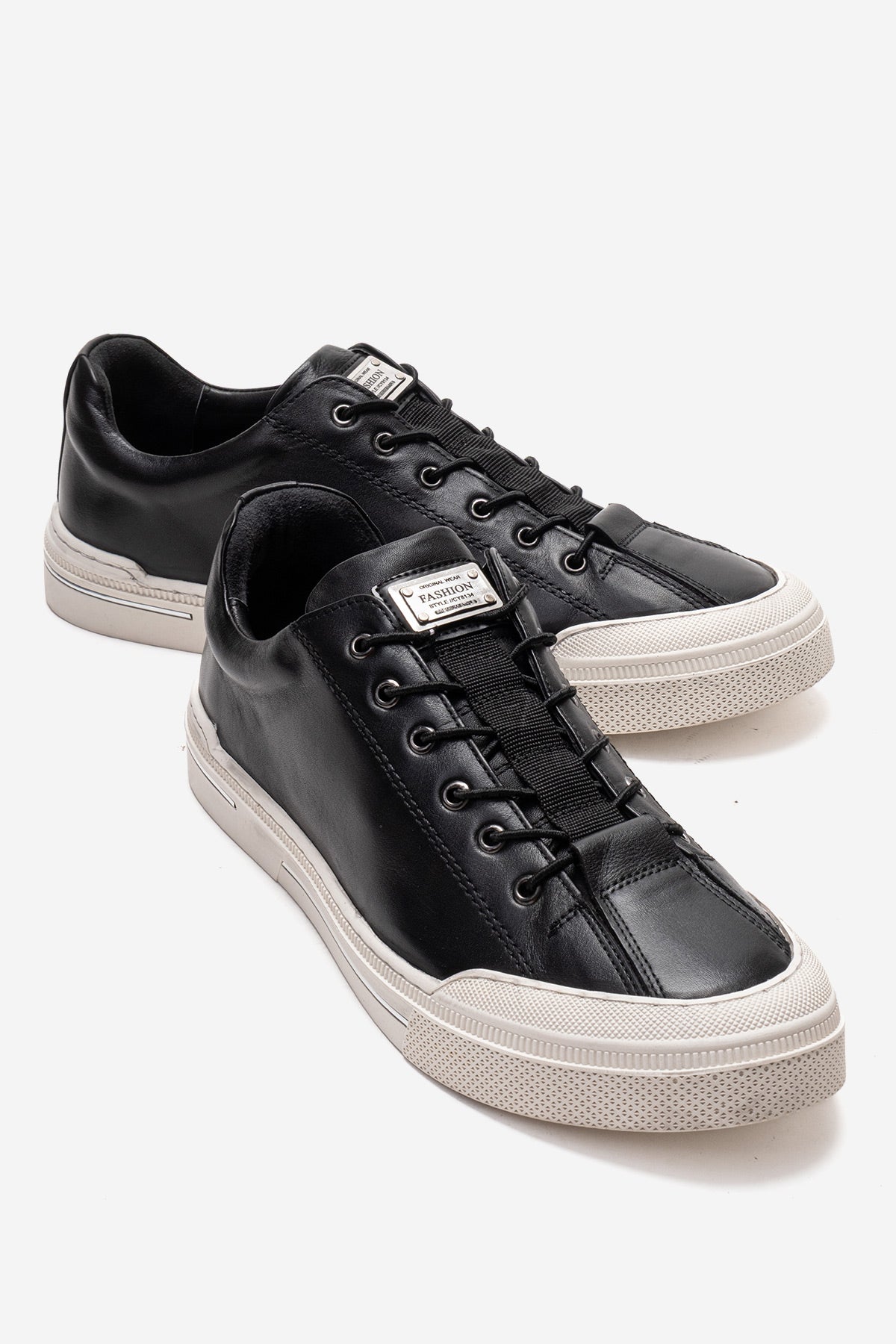 Erkek Hakiki Deri Siyah Bağcıklı Kauçuk Tabanlı Sneaker Rafael