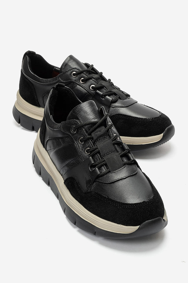 Erkek Hakiki Deri Siyah Süet Detaylı Bağcıklı Kalın Tabanlı Sneaker Günlük Ayakkabı Ramiro