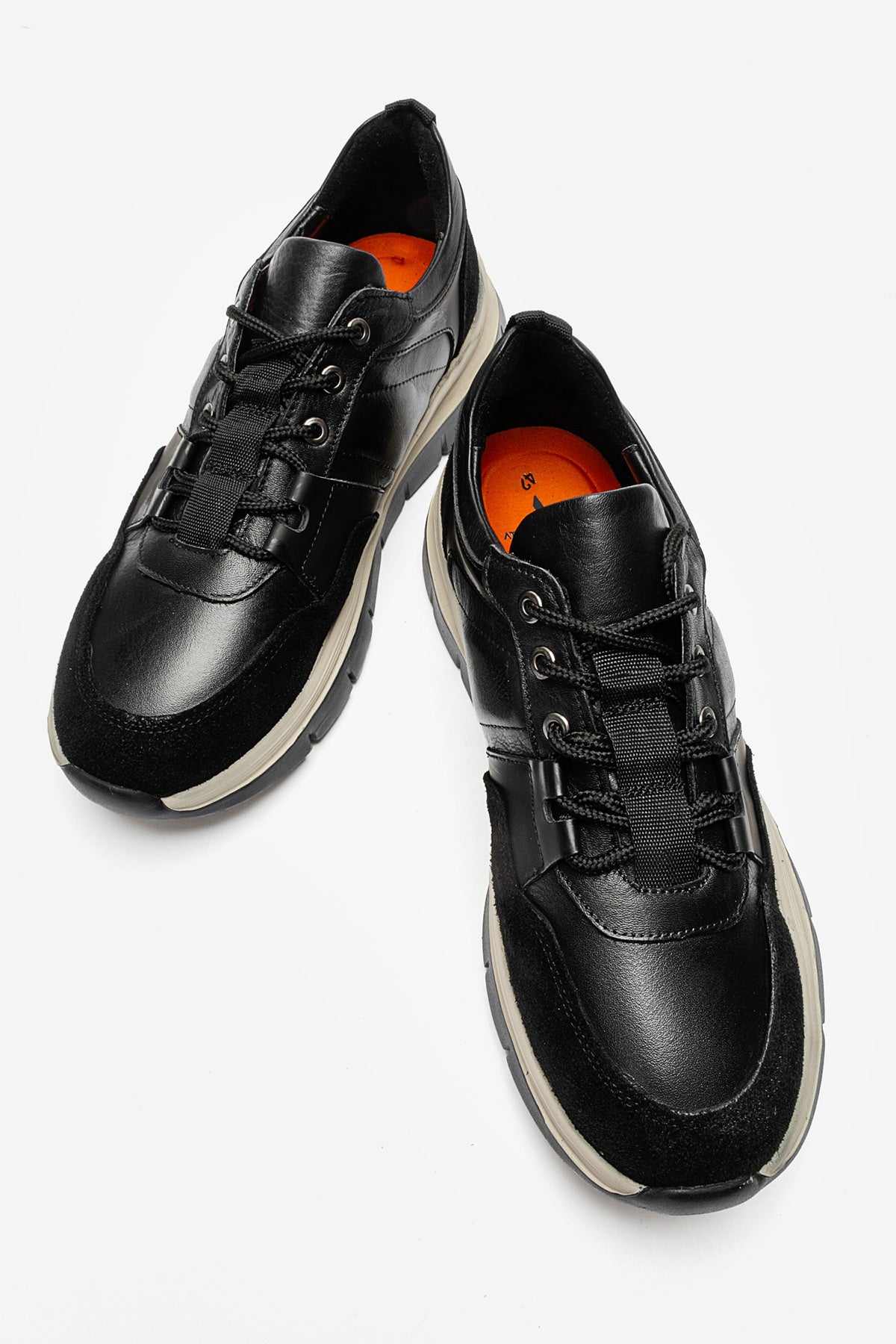 Erkek Hakiki Deri Siyah Süet Detaylı Bağcıklı Kalın Tabanlı Sneaker Günlük Ayakkabı Ramiro