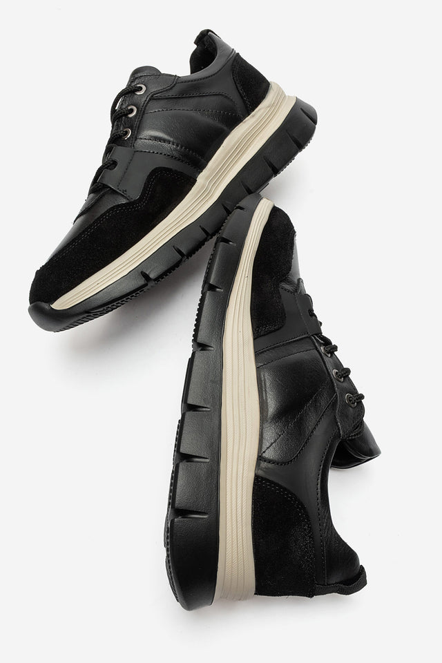 Erkek Hakiki Deri Siyah Süet Detaylı Bağcıklı Kalın Tabanlı Sneaker Günlük Ayakkabı Ramiro