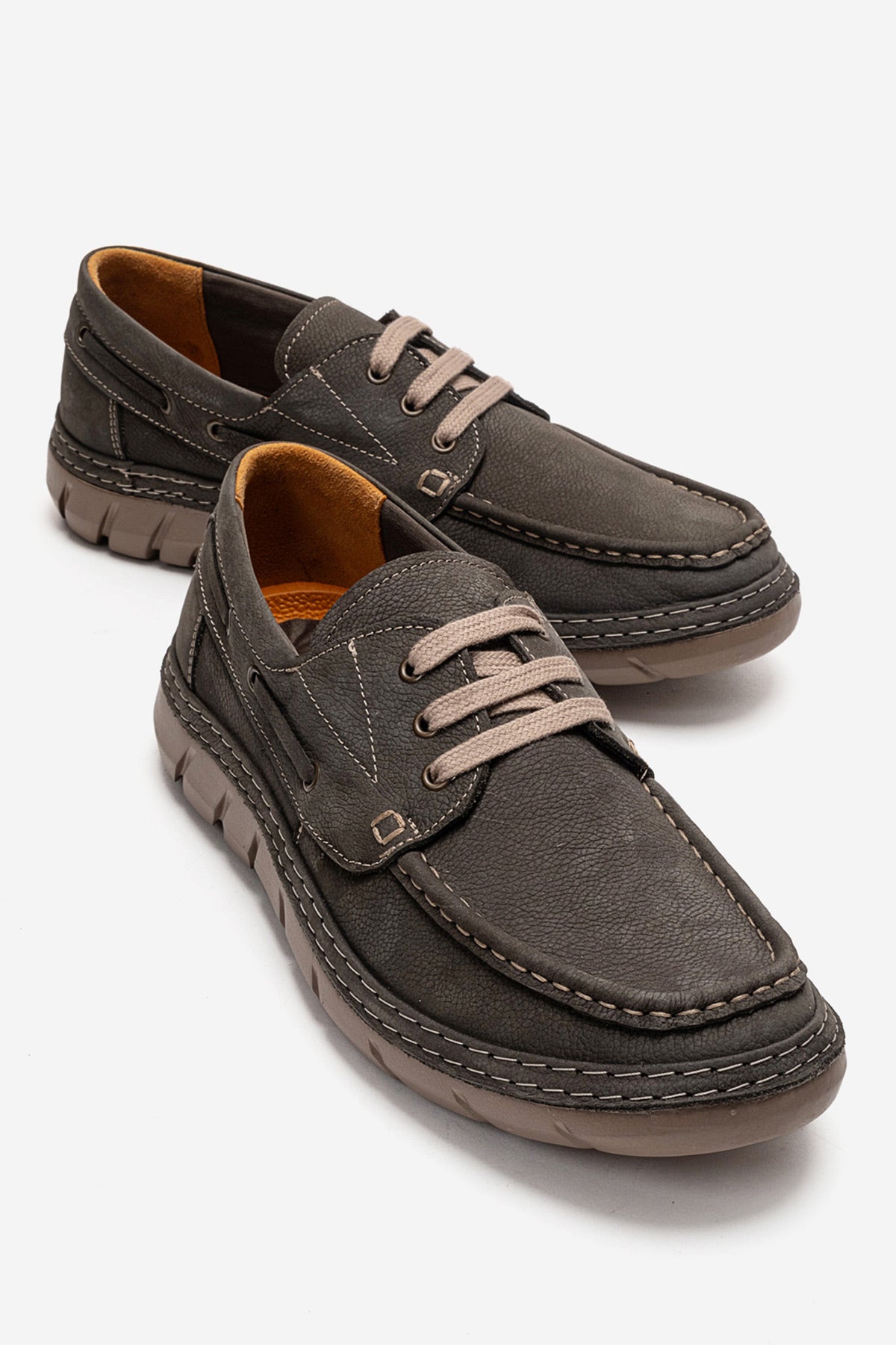 Erkek Hakiki Deri Antrasit Nubuk Bağcıklı Esnek Tabanlı Makosen Renato