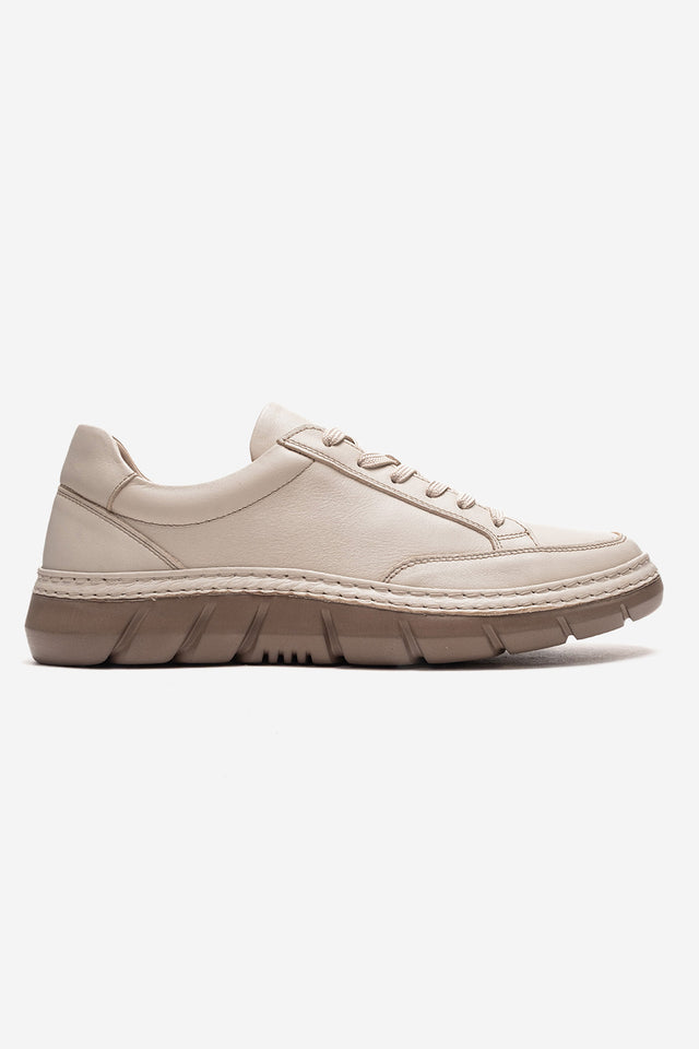 Erkek Hakiki Deri Bej Bağcıklı Kauçuk Tabanlı Sneaker Roberto