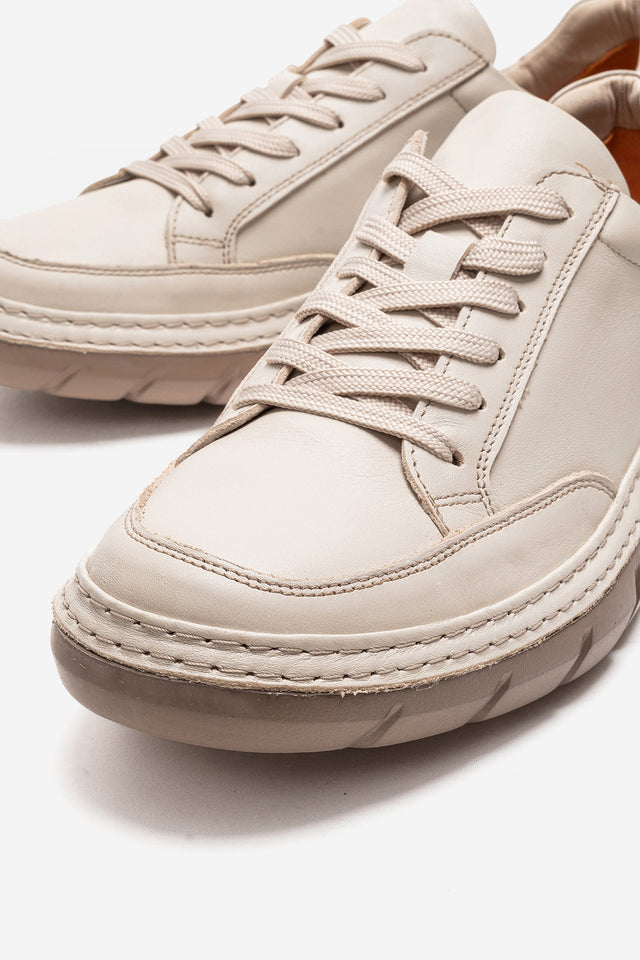 Erkek Hakiki Deri Bej Bağcıklı Kauçuk Tabanlı Sneaker Roberto
