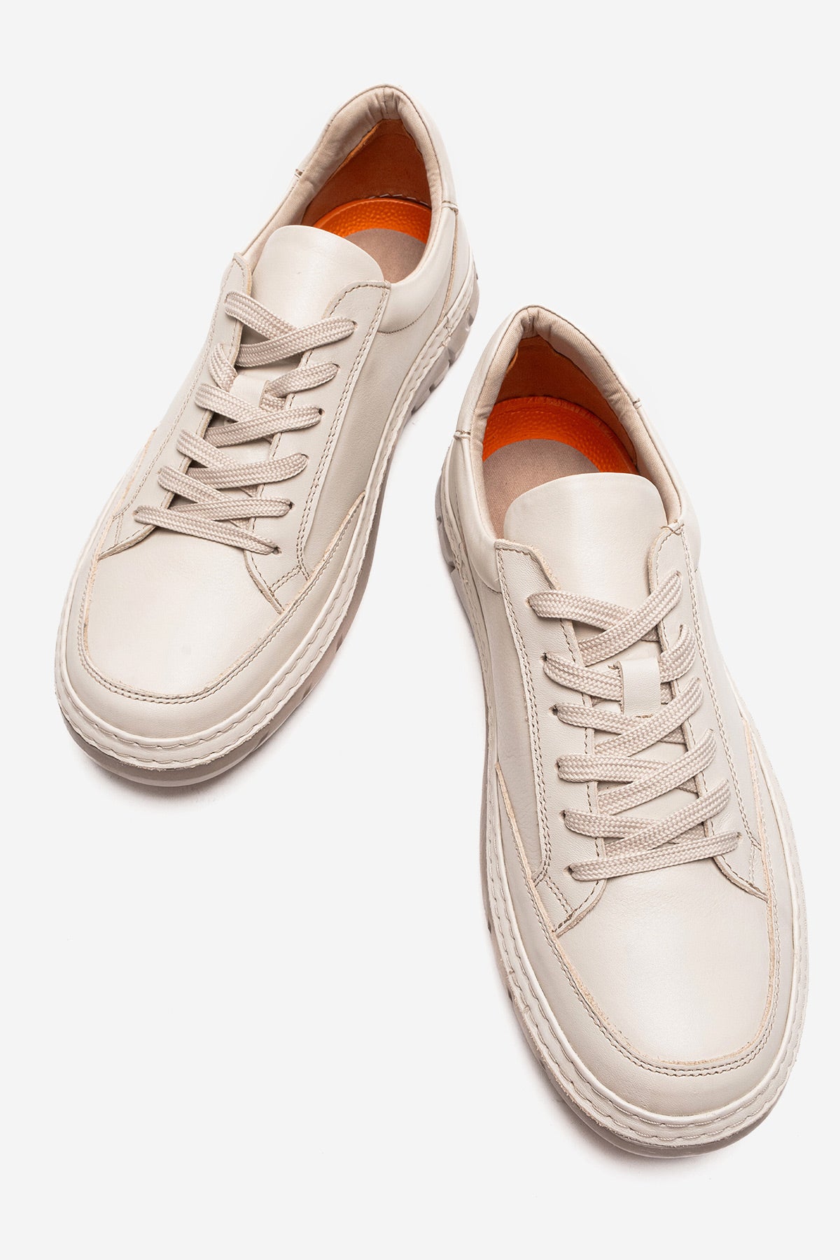 Erkek Hakiki Deri Bej Bağcıklı Kauçuk Tabanlı Sneaker Roberto