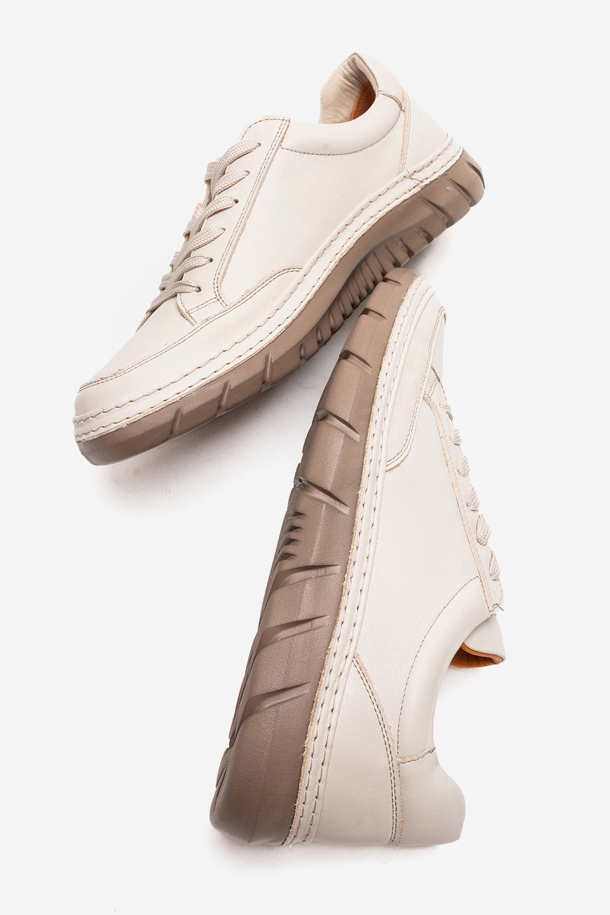 Erkek Hakiki Deri Bej Bağcıklı Kauçuk Tabanlı Sneaker Roberto