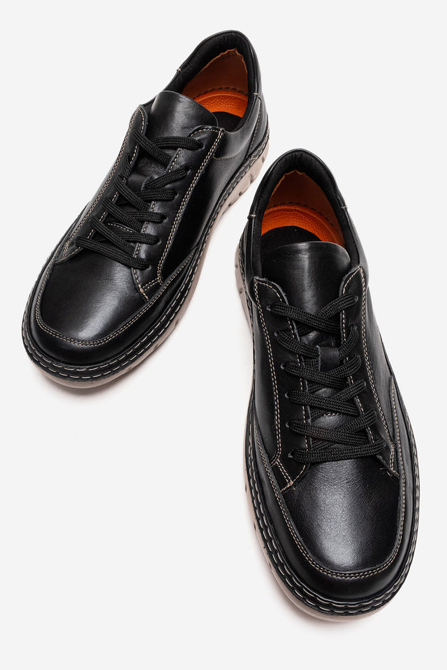 Erkek Hakiki Deri Siyah Bağcıklı Kauçuk Tabanlı Sneaker Roberto