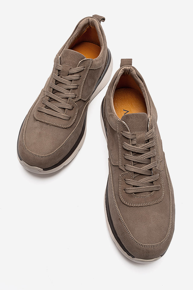 Erkek Hakiki Deri Vizon Nubuk Bağcıklı Hafif Tabanlı Sneaker Rolando