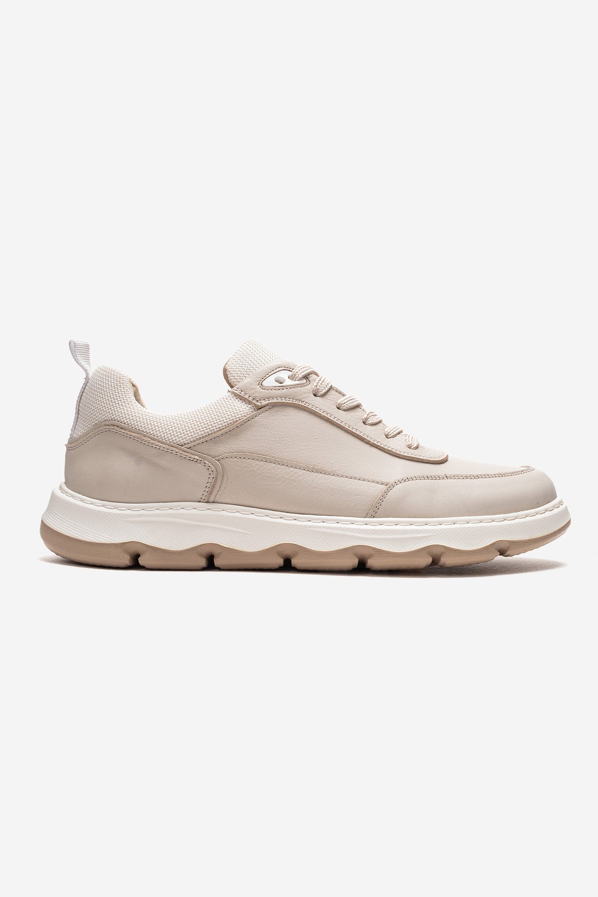 Erkek Hakiki Deri Bej Bağcıklı Kalın Tabanlı Sneaker Günlük Ayakkabı Romano