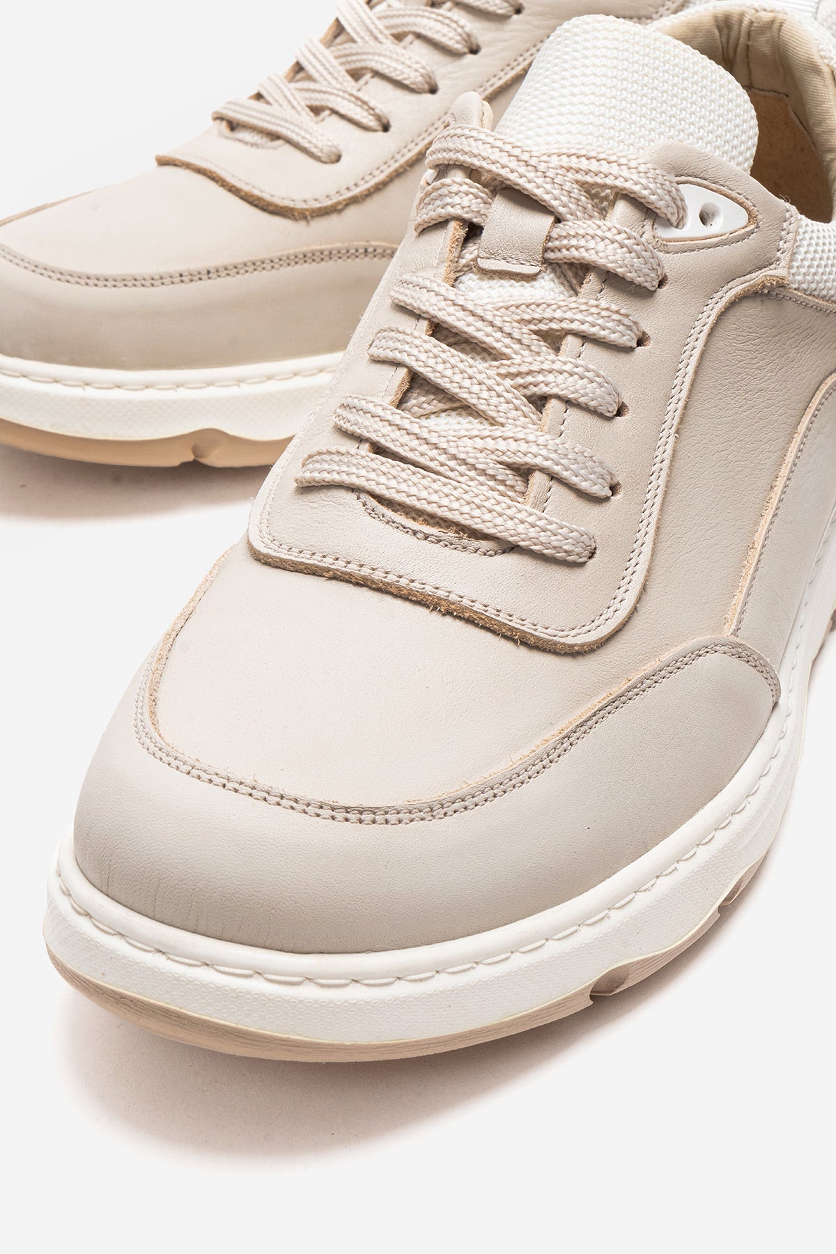 Erkek Hakiki Deri Bej Bağcıklı Kalın Tabanlı Sneaker Günlük Ayakkabı Romano