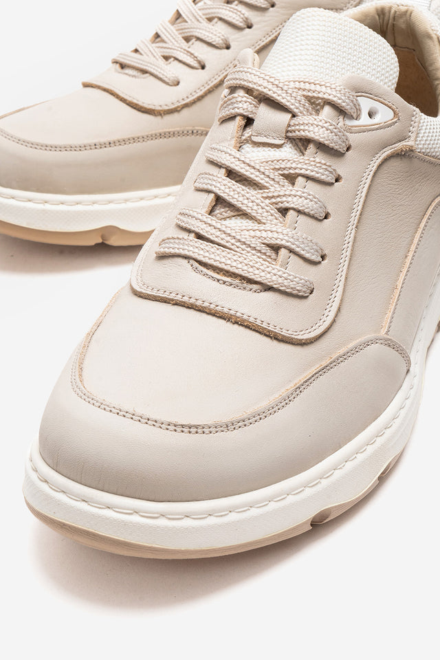Erkek Hakiki Deri Bej Bağcıklı Kalın Tabanlı Sneaker Günlük Ayakkabı Romano